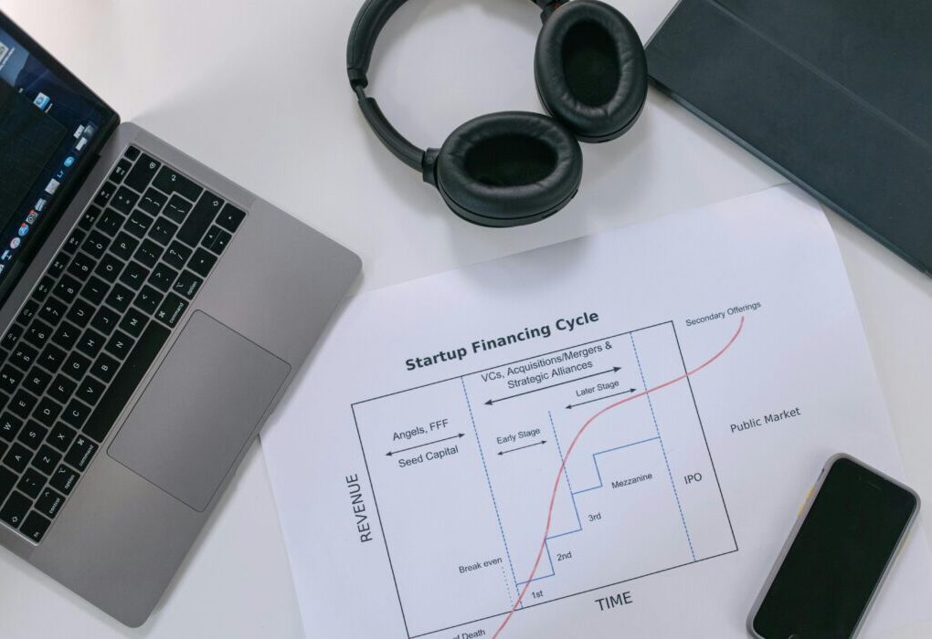 Flat lay of a modern workspace with tech gadgets and a startup financing cycle chart. &mdash; Photo by Ivan S on Pexels